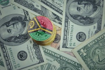 golden shining bitcoins with flag of Vanuatu on a dollar money background.