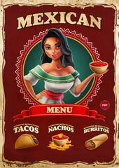 vintage mexican traditional food poster with beautiful woman - 418680056
