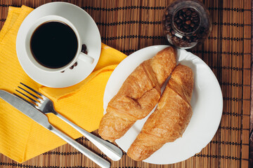 fresh croissants on the table coffee cup breakfast meal