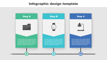 Set Document folder, Wrist watch and Table lamp. Business infographic template. Vector.