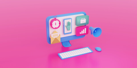 Personal computer apps tools for online marketing campaign concept  3d rendered with megaphone, email, compass, data analisyst

