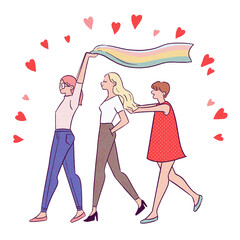 Three women walking, waving a flag,love,heart,close relationship,girl friends
