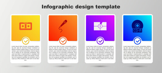 Set VHS video cassette tape, Microphone, Old film movie countdown frame and CD or DVD disk. Business infographic template. Vector.