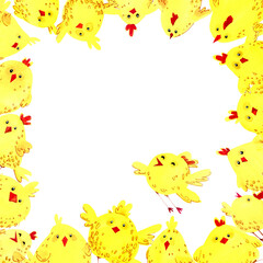 Watercolor Easter frame. Cute yellow Easter chickens on a white background.