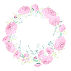 Floral wreath with romantic roses and herbs. Illustration can be used for romantic and bridal templates.