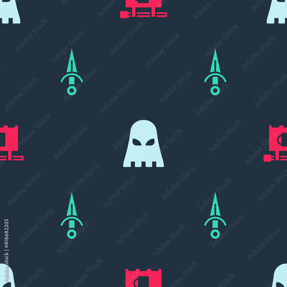 Poster set street signboard with bar, executioner mask and dagger on seamless pattern. vector.