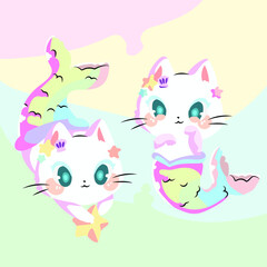 Vector cute cat drawn as mermaid for print. On a colored background