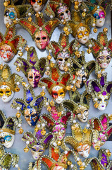 colourful carnival venetian masks on white background
