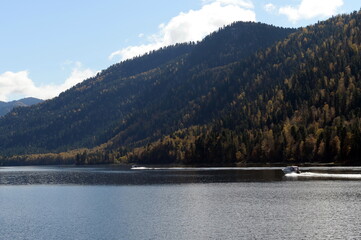 Motor boats on Lake Teletskoye. Altai Republic