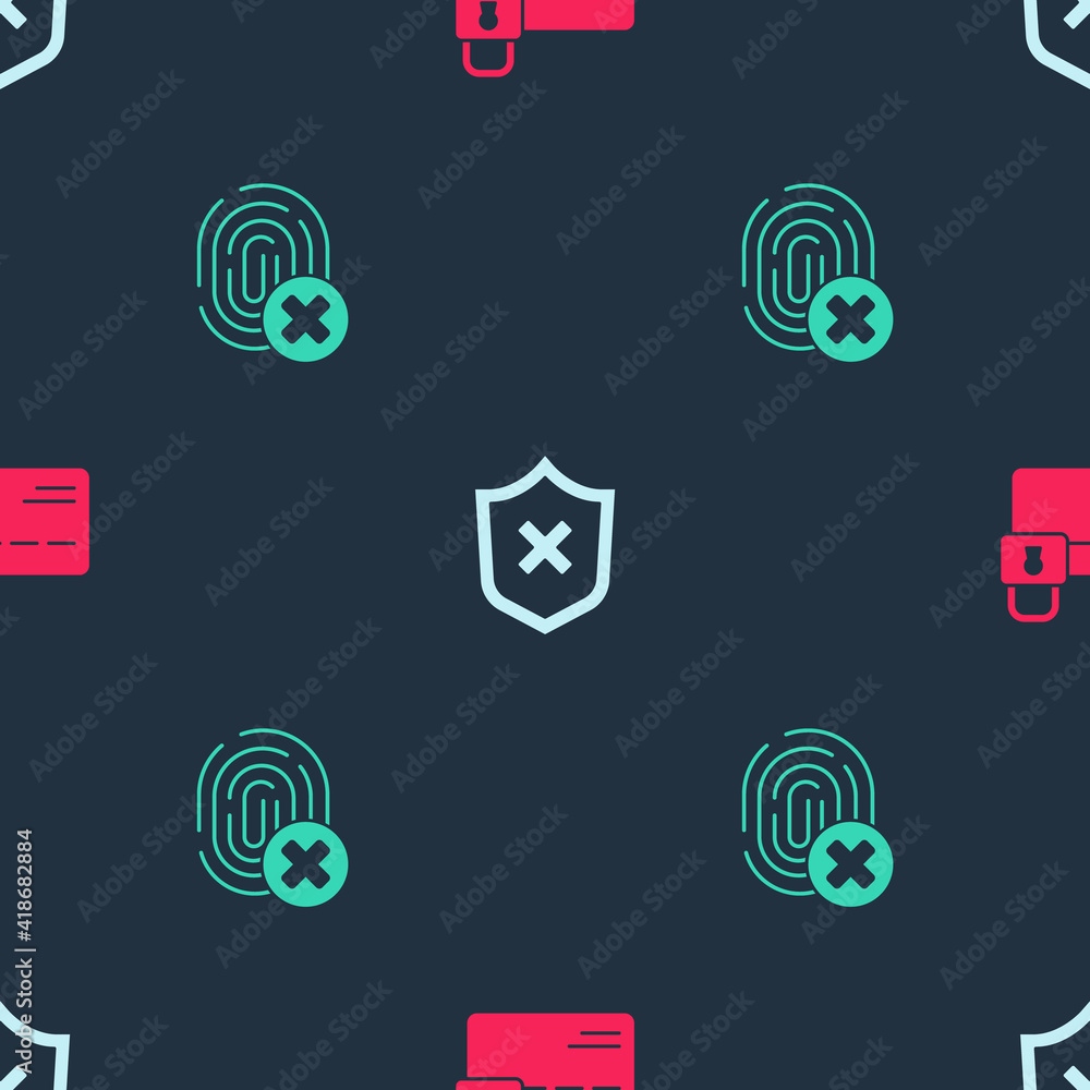 Poster set credit card with lock, shield cross mark and cancelled fingerprint on seamless pattern. vector.
