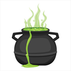 Vector graphics in flat style isolated on white background. Illustration of a poisonous acidic potion of a witch in a cartoon style hand-drawn in a large cauldron with flying bubbles and fumes.