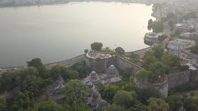 Drone aerial view from lucky burj, kishore sagar talab, kota city panoramic view. Raw video stock video