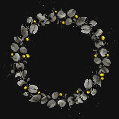 round watercolor frame made of branches, berries and leaves isolated on dark background