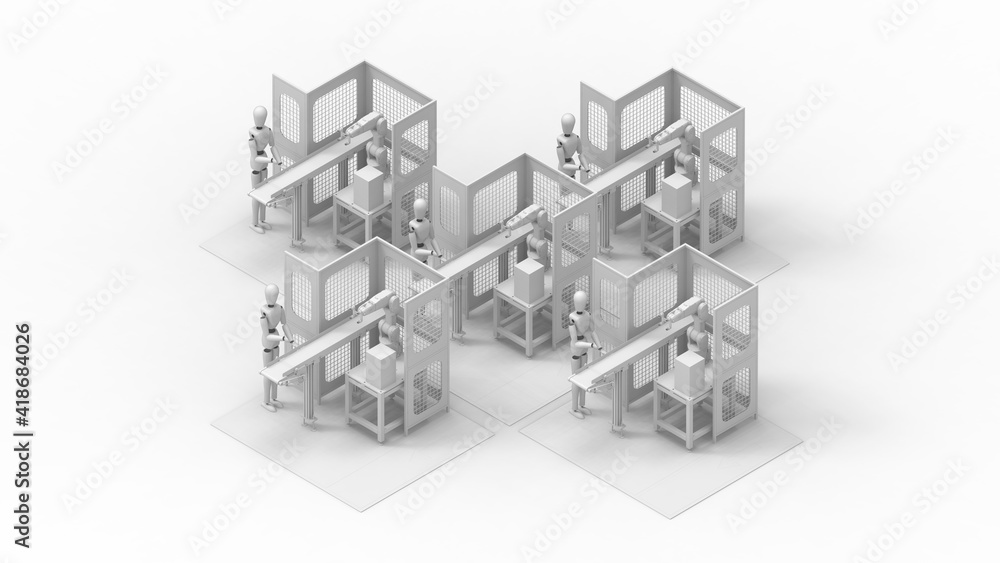 Fototapete 3d rendering of a factory assembly line worker dummy on a conveyor belt. multiple workers.