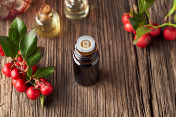 A bottle of wintergreen essential oil with wintergreen twigs