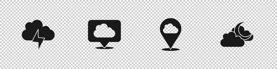 Set Storm, Location cloud, and Cloud with moon icon. Vector.