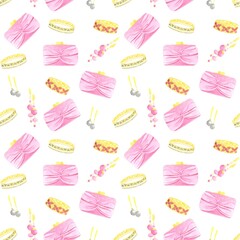 Seamless pattern of watercolor fashion illustrations in pink and gold