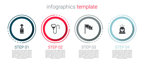 Set Hand grenade, Walkie talkie, Location marker and Flasher siren. Business infographic template. Vector.