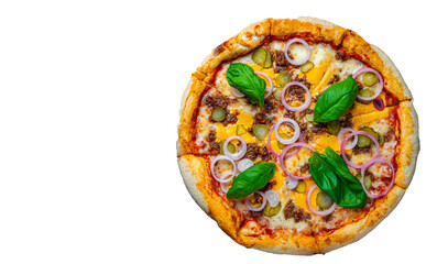 Pizza with Mozzarella cheese, Bolognese sauce, minced meat and vegetables. Italian pizza isolated on white background