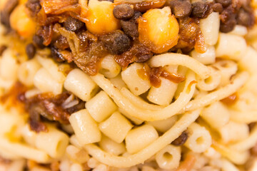 Famous traditional Arabic, Egyptian dish - Koshari. National Kushari close up