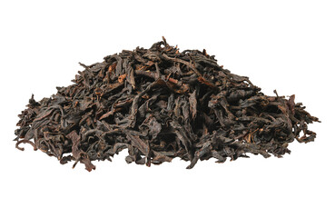 Pile of black loose indian dry tea from Darjeling. Closeup macro high resolution isolated on white background