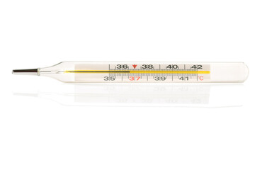 Medical classic mercury thermometer. Indicating normal temperature of 36. 6 degrees celsius close-up, isolated on white background with light reflection.