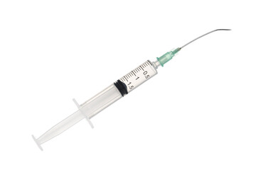 Syringe with bent and broken needle and medicinal solution. 2 ml medical syringe macro close-up...