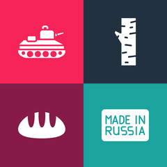 Set pop art Made in Russia, Bread loaf, Birch tree and Military tank icon. Vector.
