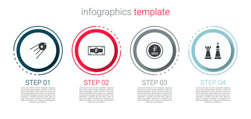 Set Satellite, Russian ruble banknote, Rouble, currency and Chess. Business infographic template. Vector.