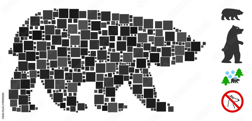 Poster collage bear icon united from square elements in random sizes and color hues. vector square elements