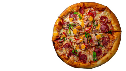 Pizza with Mozzarella cheese, salami, chicken meat, beef, ham, Tomato sauce, pepper, spices. Italian pizza isolated on white background