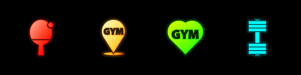 Set Racket and ball, Location gym, Fitness heart and Dumbbell icon. Vector.