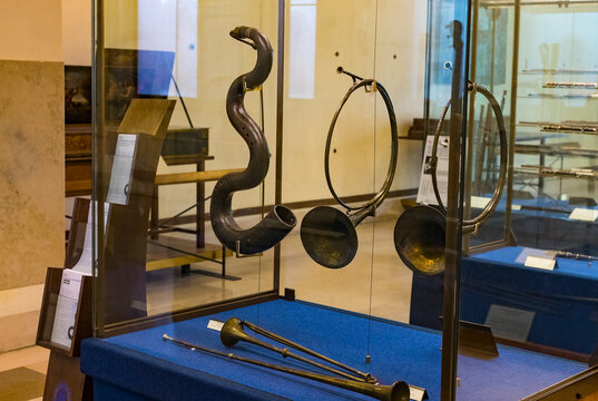 6 JUNE 2018, MILAN, ITALY: Exhibition of musical instruments of Milan is exhibited in the Sforza Castle Museum. 
