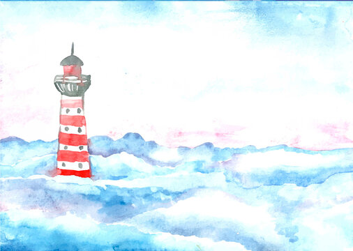 Watercolor drawing of a red and white lighthouse in the clouds. Fantastic handmade image. The illustration is perfect for a postcard, poster, banner, wrapper, print, design, invitation.