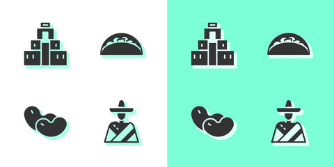 Set Mexican man sombrero, Chichen Itza in Mayan, Beans and Taco with tortilla icon. Vector.