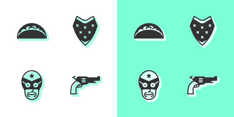 Set Revolver gun, Taco with tortilla, Mexican wrestler and Poncho icon. Vector.