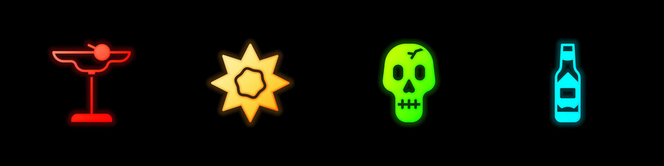 Set Margarita cocktail, Sun, Skull and Tabasco sauce icon. Vector.