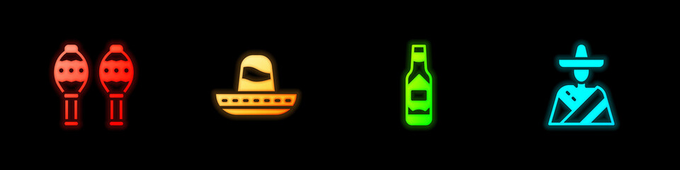 Set Maracas, Mexican sombrero, Tabasco sauce and man icon. Vector.