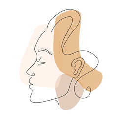 Woman silhuette face in linear style. Minimalistic contour illustration with abstract shapes in nude colours. Vector handdrawn illustration for prints, t-shirts, greeting cards, tatoo, posters, etc.