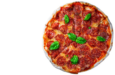 Pepperoni Pizza with Mozzarella cheese, salami, pepper, Spices and Fresh basil. Italian pizza isolated on white background. with copy space. top view