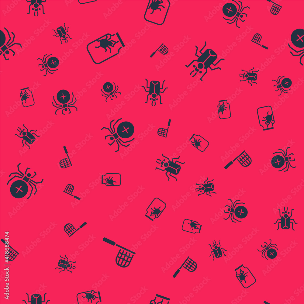 Aufkleber set butterfly net, spider in jar, and beetle bug on seamless pattern. vector.