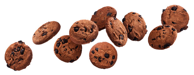 Falling chocolate chip cookies isolated on white background
