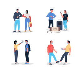 Social distance flat color vector faceless character set. Way to greet friends during covid pandemia. Virus prevention isolated cartoon illustration for web graphic design and animation