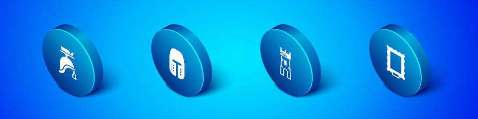 Set Isometric Roman army helmet, Castle tower, Picture and Medieval iron icon. Vector.