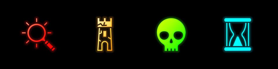 Set Magnifying glass, Castle tower, Human skull and Old hourglass with sand icon. Vector.