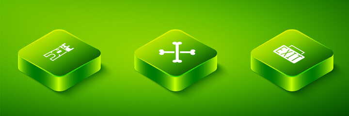 Obraz premium Set Isometric Crossed human bones, Exit sign and Castle tower icon. Vector.