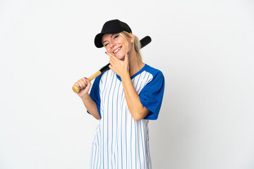 Young Russian woman playing baseball isolated on white background happy and smiling
