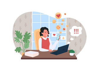 Work procrastination 2D vector web banner, poster. Delayed deadline. Woman addicted to social media flat character on cartoon background. Corporate job burnout printable patch, colorful web element