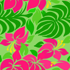 Green tropical leaves and pink flowers seamless pattern. Vector illustration.