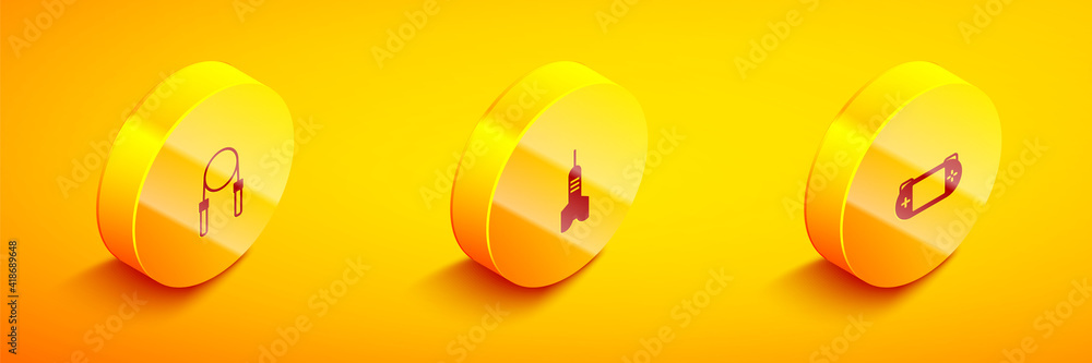 Poster set isometric jump rope, dart arrow and portable video game console icon. vector.
